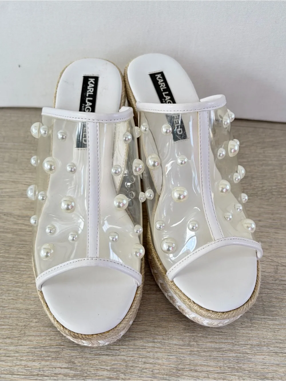 Karl Lagerfeld Paris Corissa wedge sandals Espadrilles Pearls Womens 36 6 White